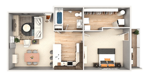 A 3D floor plan of a house showing a kitchen, living room, and bedrooms.